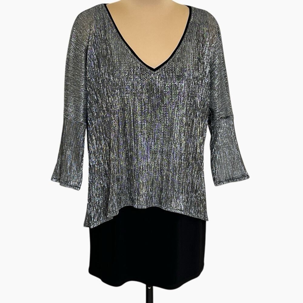 Joseph Ribkoff Pleated Tunic Top 14 Black Silver Metallic Overlay Glam Sparkle